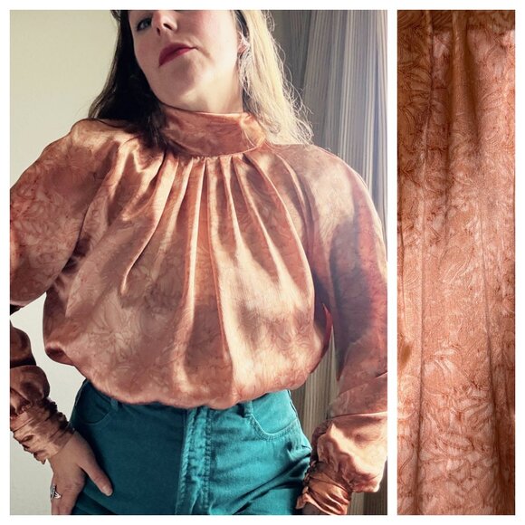 Vintage 70s Tess Peach Floral High Collar Draped Secretary Blouse | Size M/L - Picture 1 of 13